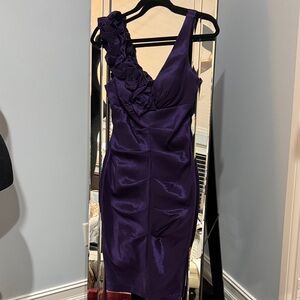 Xscape VNeck Purple Dress with Ruffle